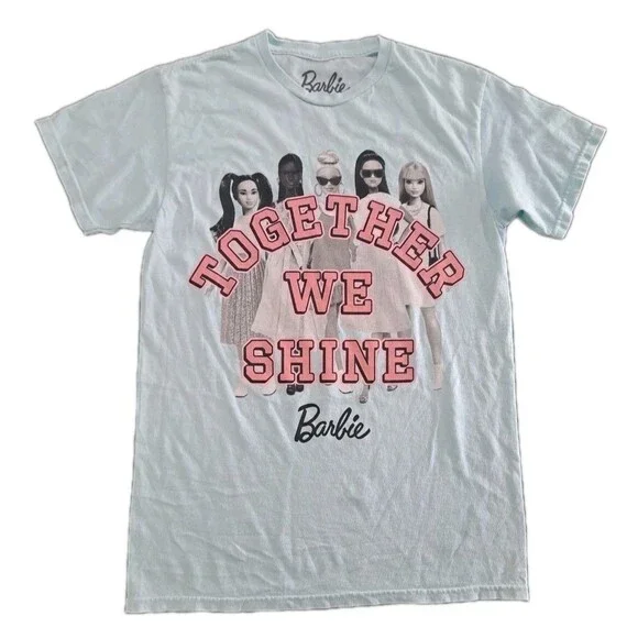 Barbie Shirt Top Women's Small Blue Multicolor Together We Shine Barbiecore NEW - Picture 1 of 6